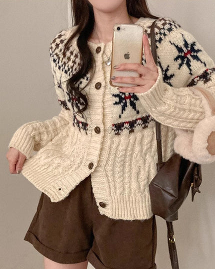 Single-breasted Contrast Color Snowflake Jacquard Long-sleeved Knitted Cardigan Sweater Coat