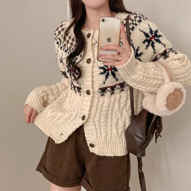Single-breasted Contrast Color Snowflake Jacquard Long-sleeved Knitted Cardigan Sweater Coat