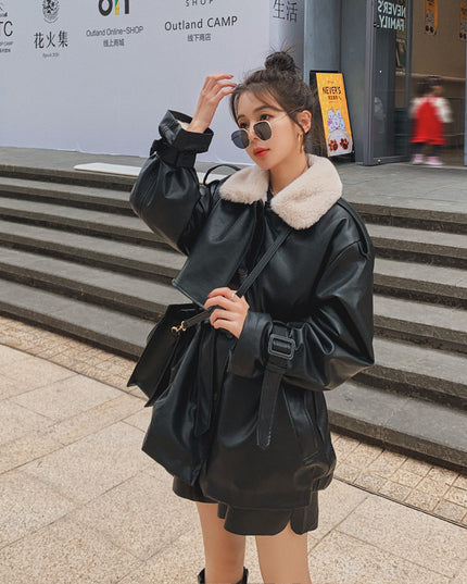 Loose Plus Velvet Thickening Small Locomotive PU Cotton Jacket Women