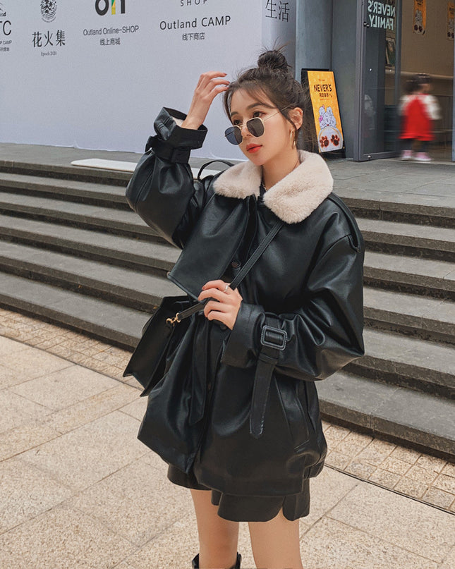 Loose Plus Velvet Thickening Small Locomotive PU Cotton Jacket Women