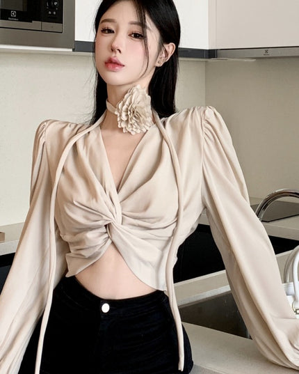 Women's Short Lace-up Kink Puff Sleeve Shirt Top