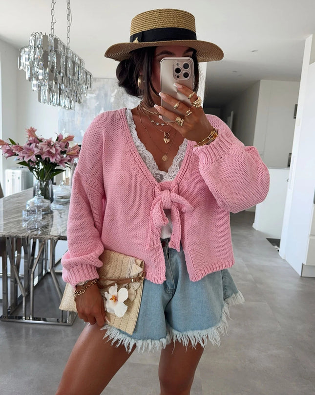 Short Thick Needle Bow Bandage Reverse Cardigan Jacket