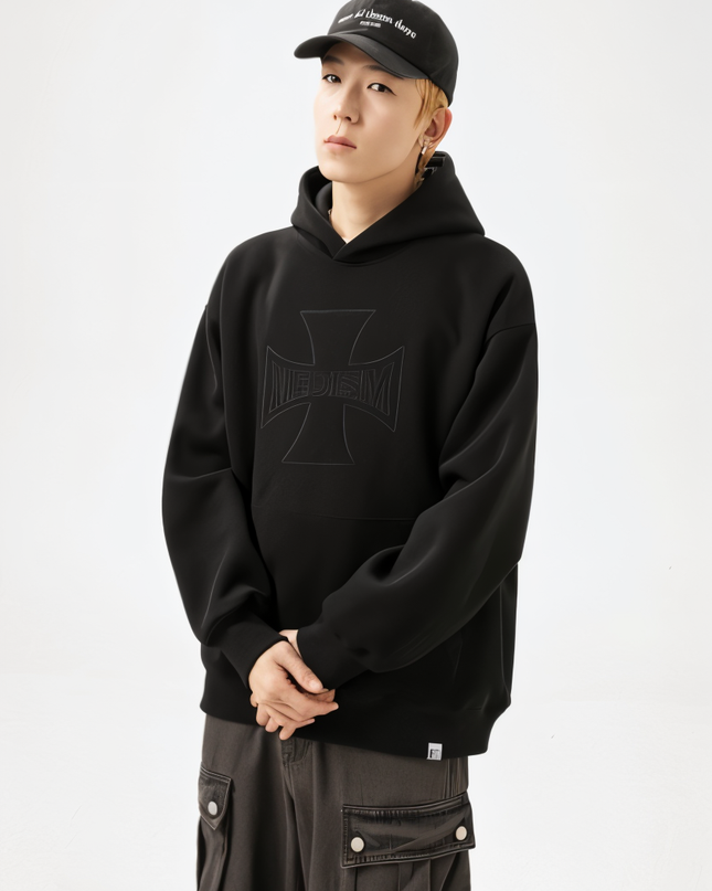 Cross Embroidery Loose Hooded Sweater for Men – Casual Cotton Blend Pullover Hoodie