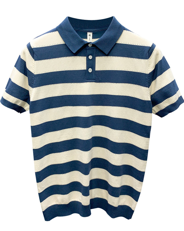 Striped Ice Silk Knitted Polo Shirt Men's Short Sleeve Thin Style Lapel T-shirt Men's Half Sleeve