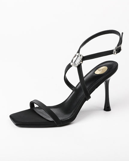 Square Toe Open Toe Rhinestones Strap High Heels Black Sandals