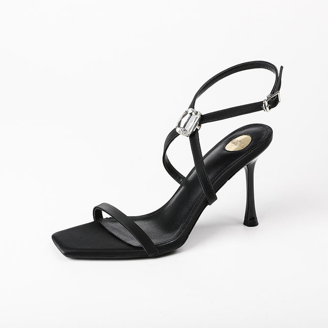 Square Toe Open Toe Rhinestones Strap High Heels Black Sandals