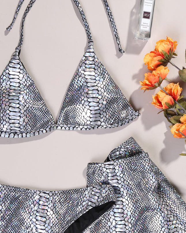 Women's Three Piece Leather Snake Print Swimsuit