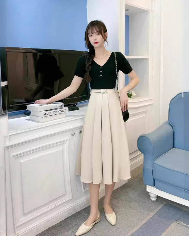 Retro High Waist A- Line Skirt Slimming Skirt Belt Attached