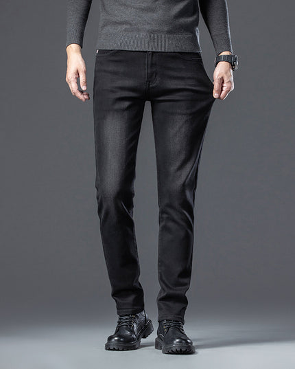 Fleece Padded Jeans Men's Straight Slim Elastic Thickening