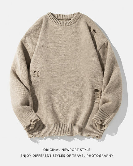 Retro Hollow-out Ripped Design Round Neck Sweater