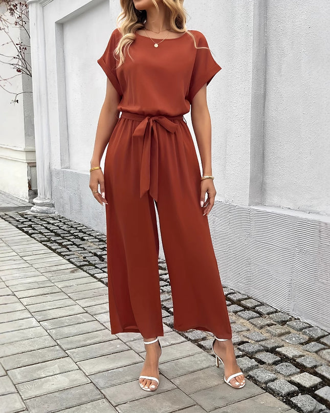 Women's Fashion Solid Color With Belt Round Neck Jumpsuit