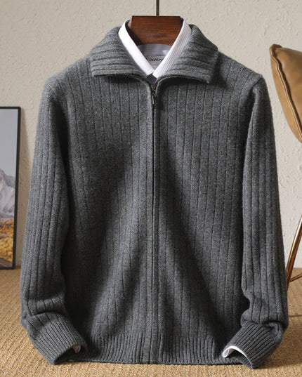 Pure Wool Sweater Men's Lapel Full Zipper