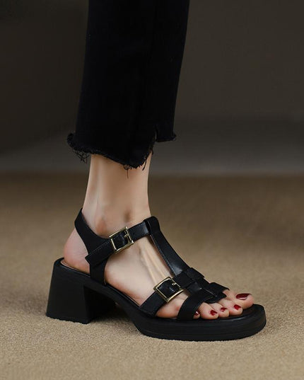 Women's T-buckle Open Toe Platform All-matching Chunky Heel Retro High Heel Sandals