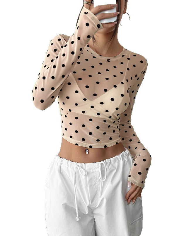 Design Sense See-through Dot Slim Mesh Round Neck Long Sleeve T-shirt