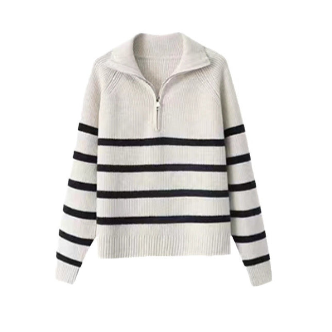 Casual Half Zipper And Lapel Coat Women's Striped Long-sleeved Sweater