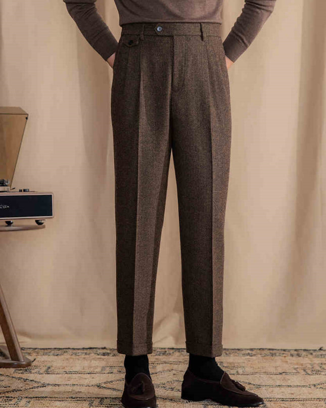 Retro British Wool Herringbone Trousers