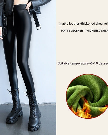 PU Fleece-lined High Waist Slimming Windproof Waterproof Leggings