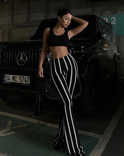 Striped Slightly Flared Black And White Contrast Casual Pants