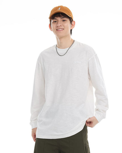 Pure Color Slub Cotton Long Sleeve T-shirt Simple Embroidered Crew Neck Cotton Base Shirt