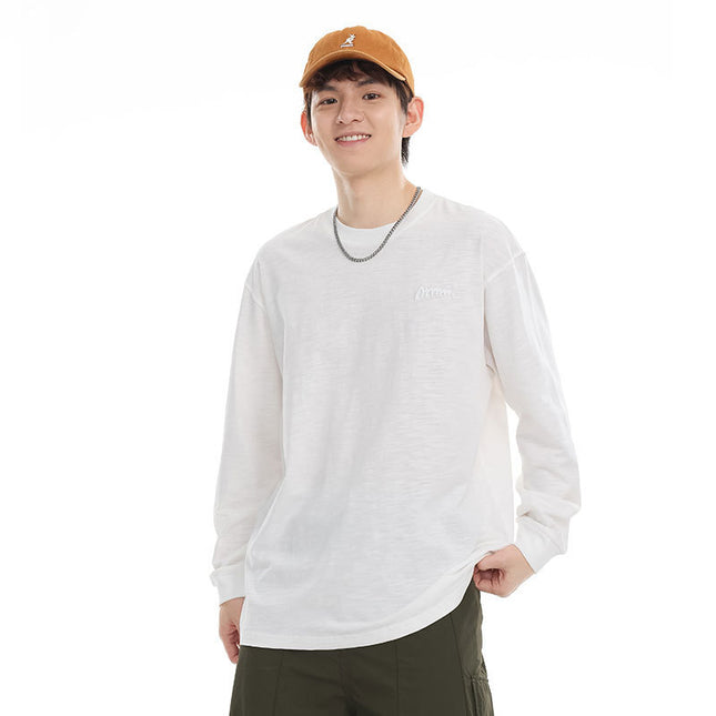 Pure Color Slub Cotton Long Sleeve T-shirt Simple Embroidered Crew Neck Cotton Base Shirt