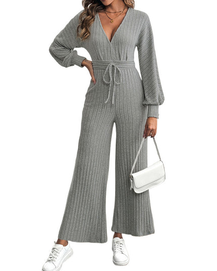 V-neck Lace-up Batwing Sleeve Solid Color Wide Leg Jumpsuit