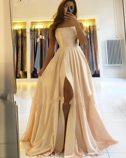 Elegant Women Maxi Beach Satin Dress Leg Slit Lace Up