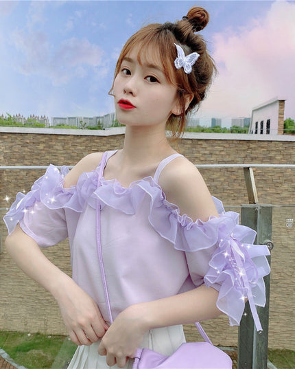 Puff sleeve one-shoulder short sleeve shirt