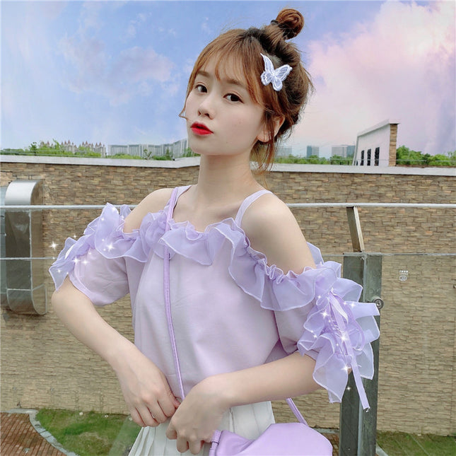 Puff sleeve one-shoulder short sleeve shirt