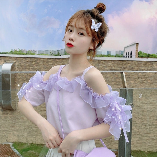 Puff sleeve one-shoulder short sleeve shirt
