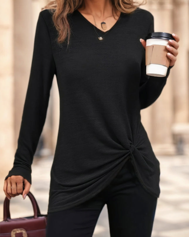 Solid Color Twist V Crew Neck T-Shirt
