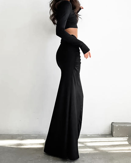 French Fishtail Skirt Black Pleated Sheath Dress Design Sense