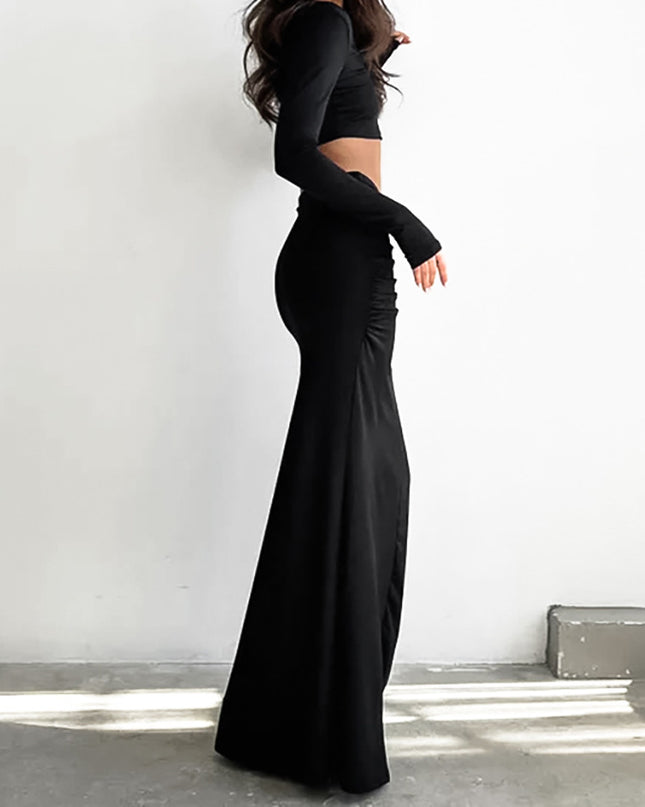 French Fishtail Skirt Black Pleated Sheath Dress Design Sense