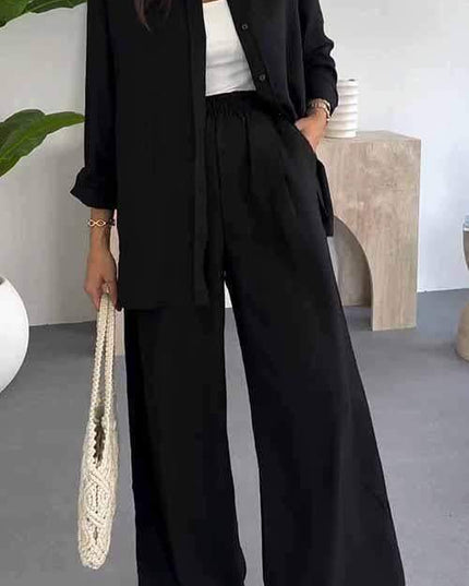 Fashion Solid Color Loose Top Casual Wide Leg Pants Two-piece Set
