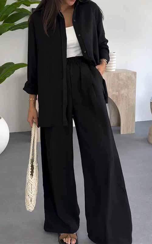 Fashion Solid Color Loose Top Casual Wide Leg Pants Two-piece Set