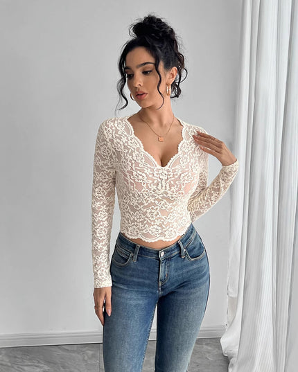 Solid Color Sexy Lace V-neck Long Sleeve T-shirt