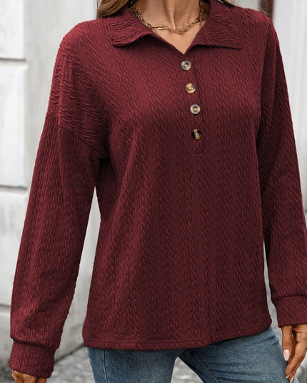 Solid Color Polo Collar Button Loose Long Sleeve Sweatershirt