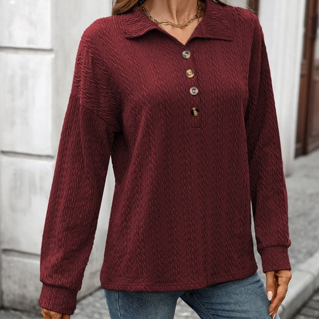 Solid Color Polo Collar Button Loose Long Sleeve Sweatershirt