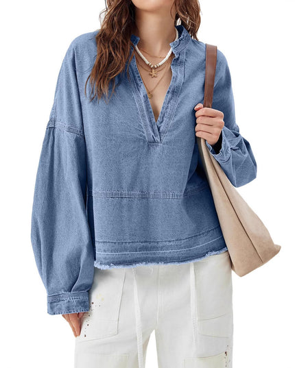 New V-neck Long Sleeve Loose Stitching Denim Long Sleeve Loose All-matching Top