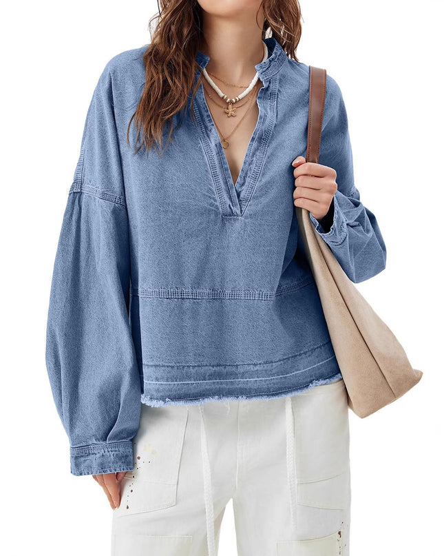 New V-neck Long Sleeve Loose Stitching Denim Long Sleeve Loose All-matching Top