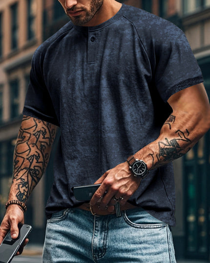 Retro Distressed Henry Collar Short Sleeve Men's T-shirt Heavy Slim Fit Raglan American Style Men's Short Sleeve