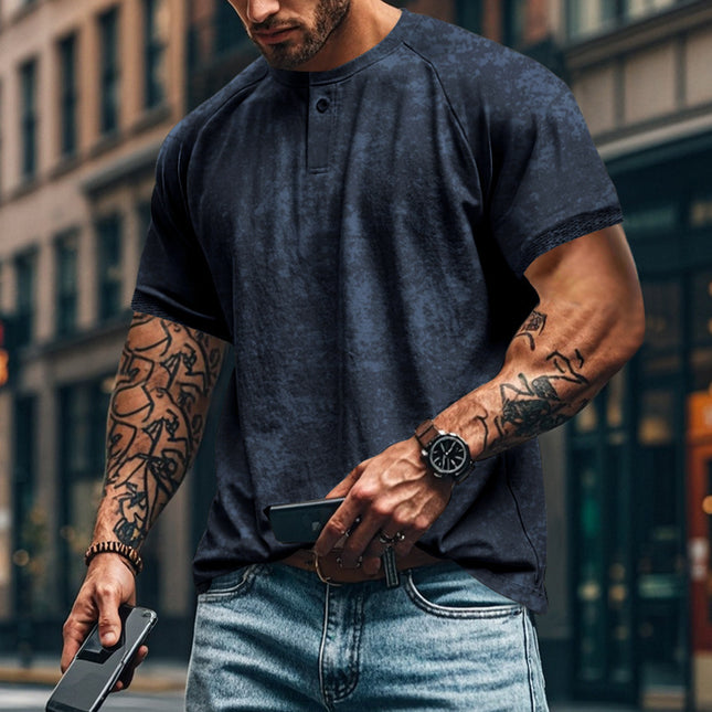 Retro Distressed Henry Collar Short Sleeve Men's T-shirt Heavy Slim Fit Raglan American Style Men's Short Sleeve