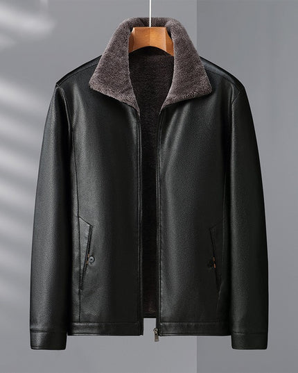 Fleece-lined Men's Leather Clothing With Stand Collar