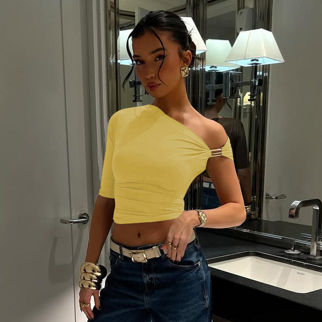Asymmetric Pleated Crop-top Tight-fitting T-shirt