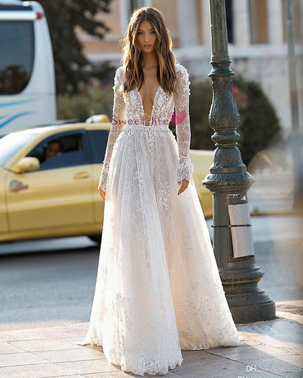 Women's Wedding Dress Lace Long Sleeve Dinner Party Gown