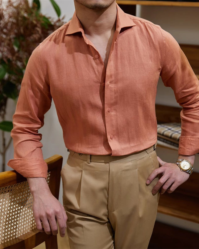 Men's Cotton Linen Casual Solid Color Long Sleeve Shirt