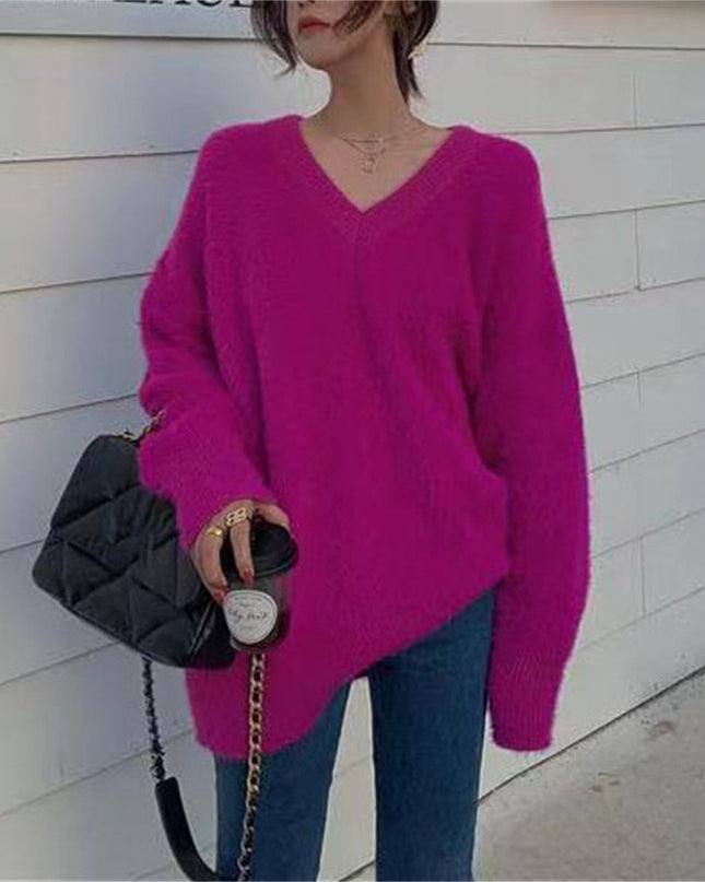 New Gentle Soft Glutinous Sweater Women's V-neck Imitated Mink