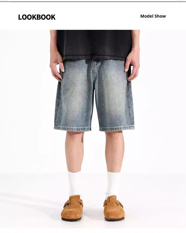 All-match Loose Straight Sports Shorts Washed Overalls Denim Shorts