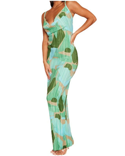Printed Pleated Slim Fit Slimming Spaghetti Straps Maxi Dress