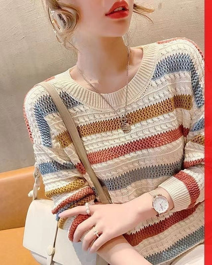 Loose Short Hollow Color Striped Sweater