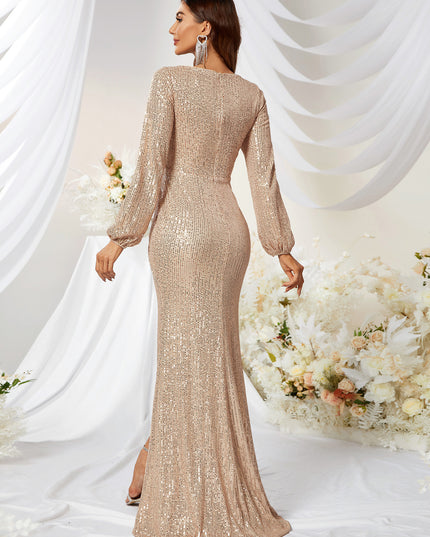 Sequined V-neck Long Sleeve High Slit Slim Fishtail Prom Evening Dress